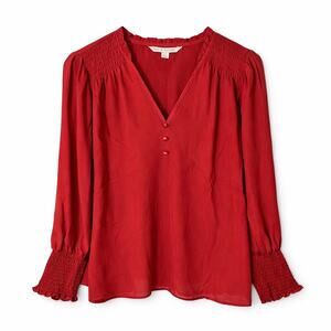 Zac & Rachel Burgundy Georgette V Neck Blouse Smocked Sleeve Size Large New